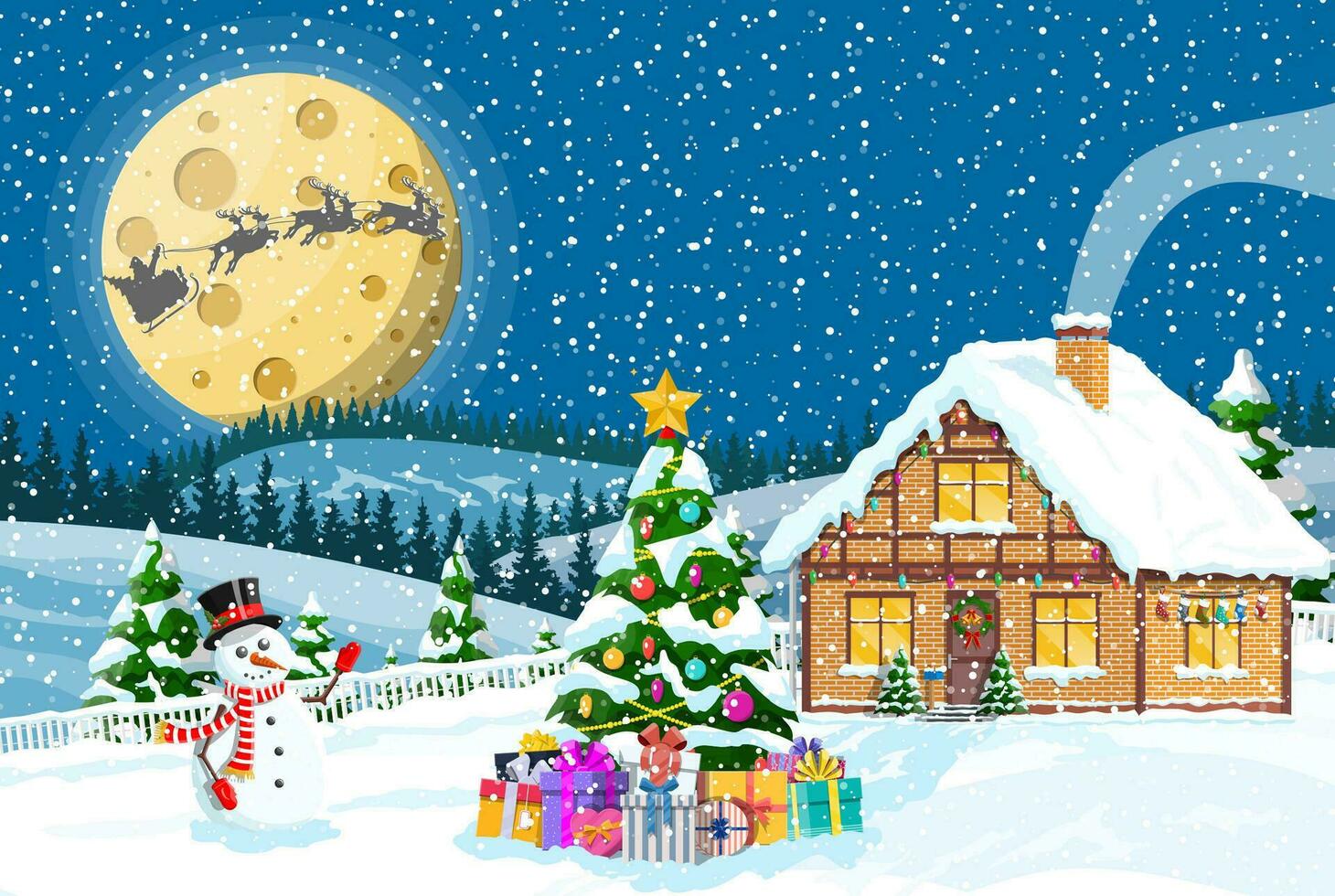 Vorort- Haus bedeckt Schnee. Gebäude im Urlaub Ornament. Weihnachten Landschaft Baum, Schneemann, Santa Schlitten Rentiere. Neu Jahr Dekoration. fröhlich Weihnachten Urlaub Weihnachten Feier. Vektor Illustration