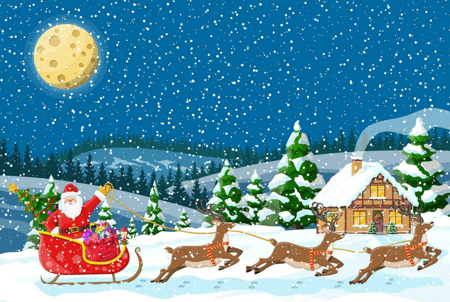 Vorort- Haus bedeckt Schnee. Gebäude im Urlaub Ornament. Weihnachten Landschaft Baum, Santa Schlitten Rentiere. Neu Jahr Dekoration. fröhlich Weihnachten Urlaub Weihnachten Feier. Vektor Illustration