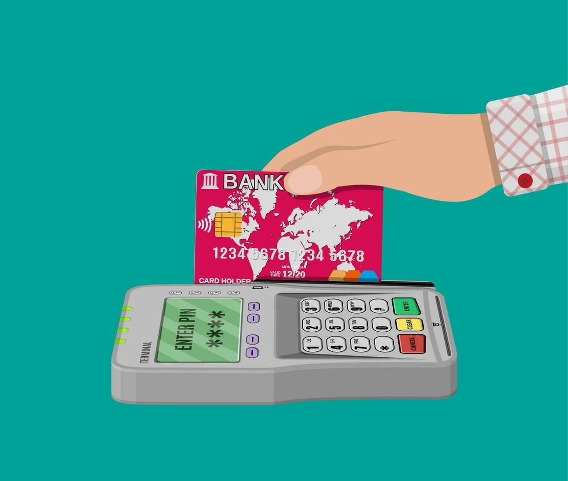 Bank Karte und Zahlung pos Terminal. Vektor Illustration im eben Stil