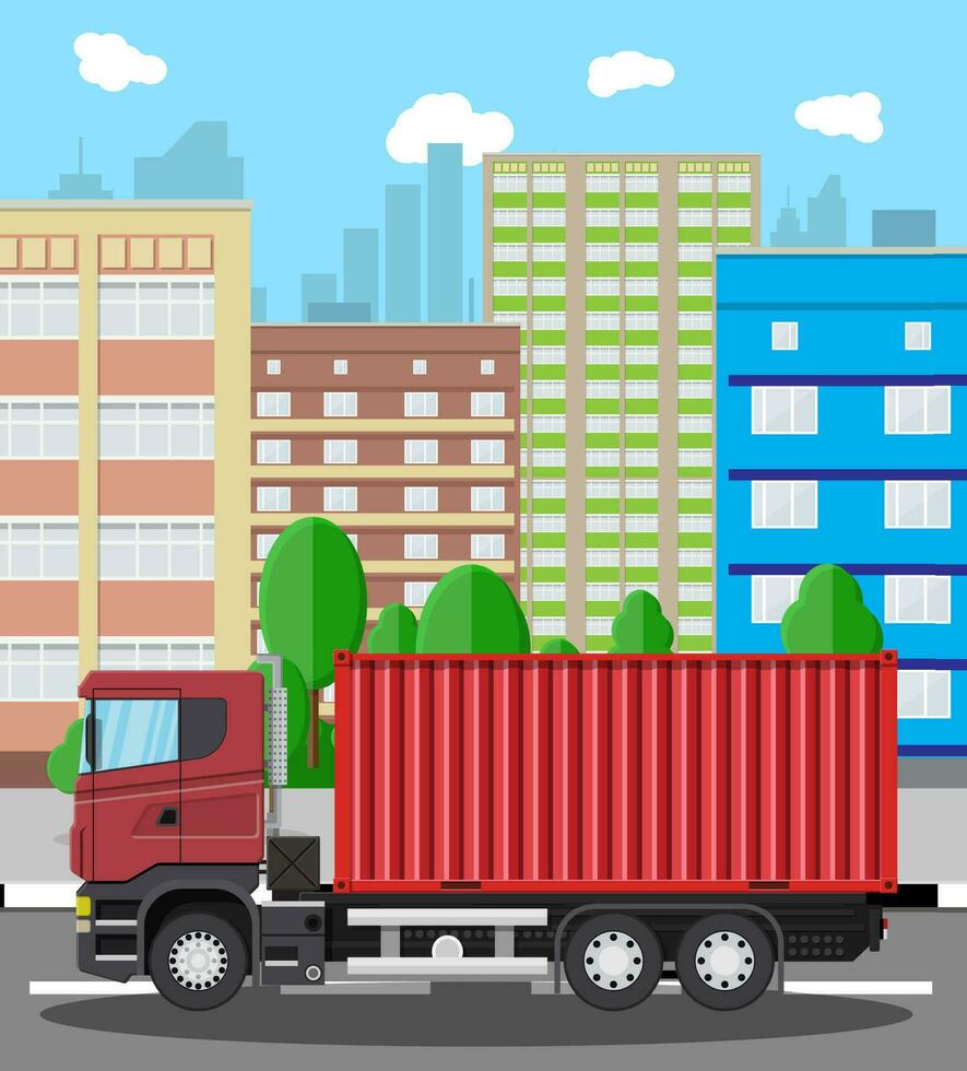 frakt leverans lastbil med metall behållare. frakt och leverans av varor. bil för transport. trailer fordon i stad. stadsbild med träd, byggnad och himmel. vektor illustration i platt stil