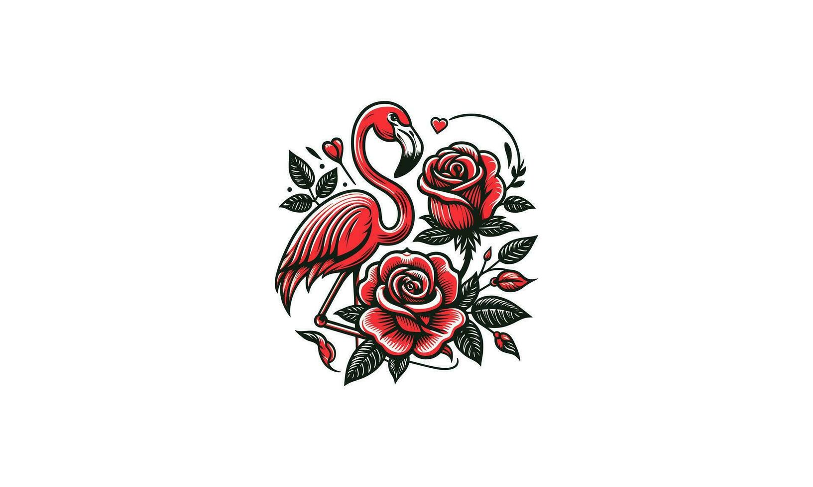 Flamingo und rot Rose Vektor Illustration tätowieren Design