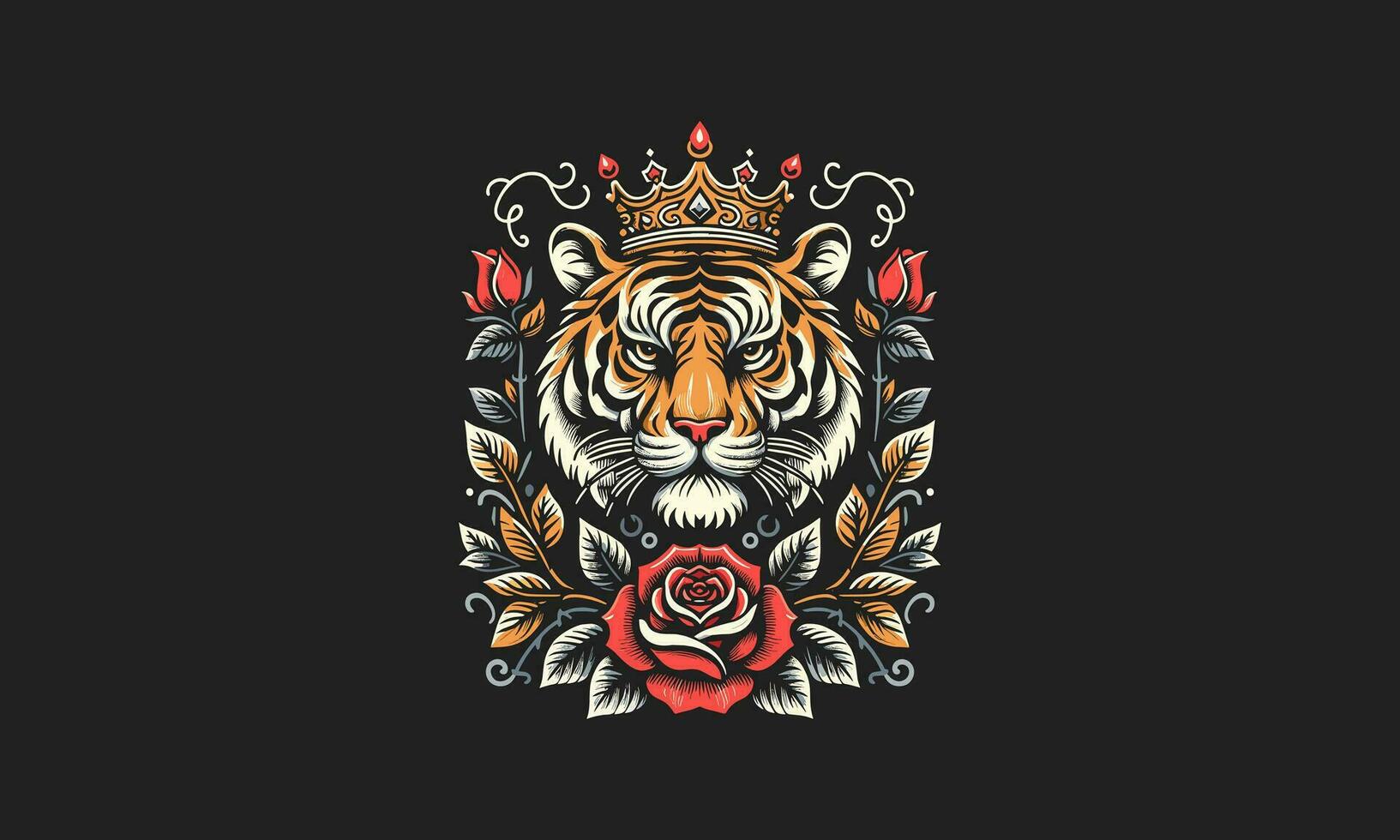 Kopf Tiger tragen Krone und rot Rose Vektor tätowieren Design
