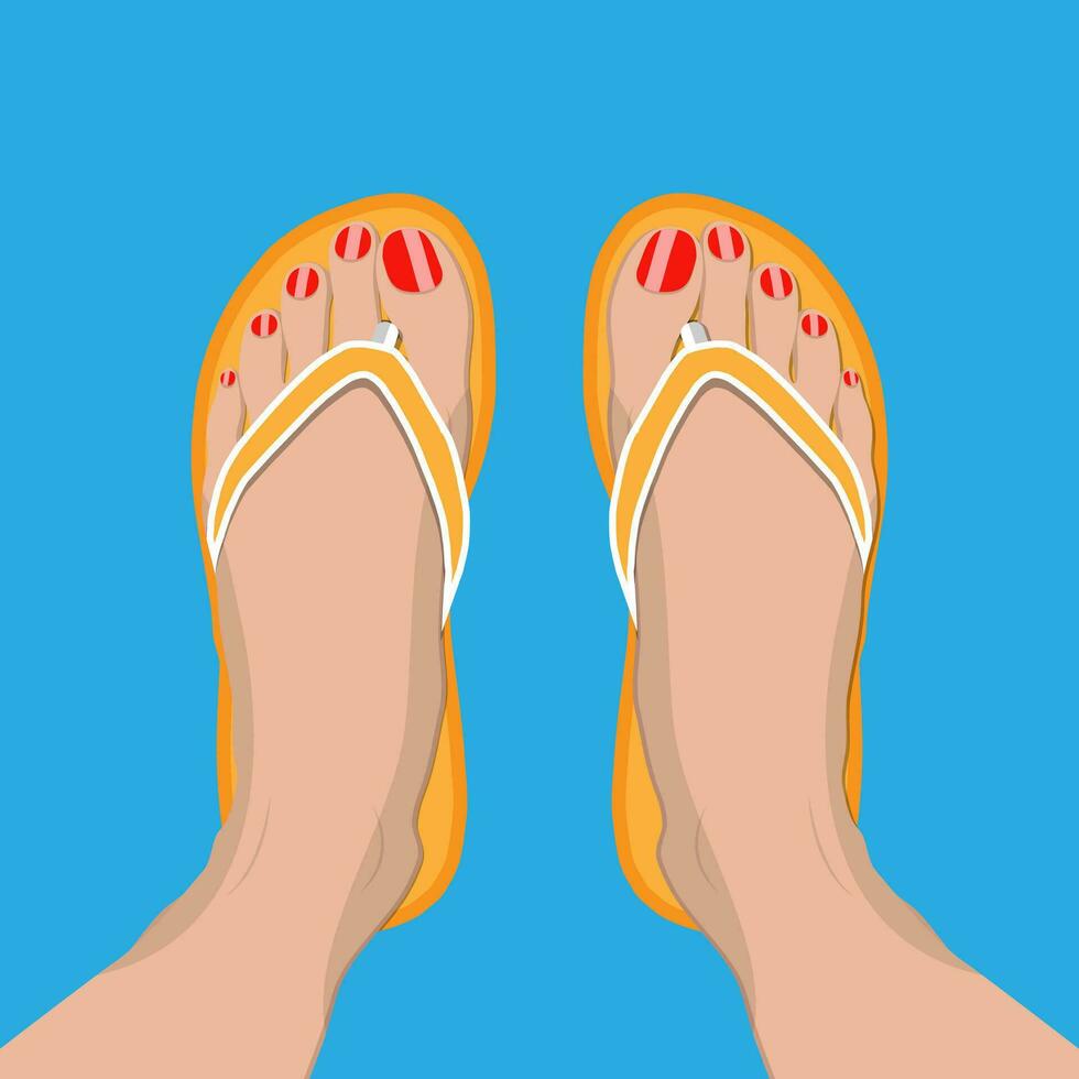 kvinna fötter med röd pedikyr i sommar Flip flops. kvinna i tofflor. vektor illustration i platt stil