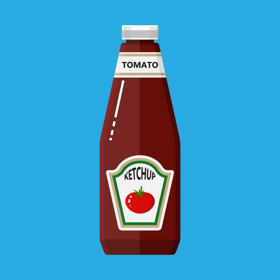 Glas Flasche von traditionell Tomate Ketchup. Vektor Illustration im eben Stil