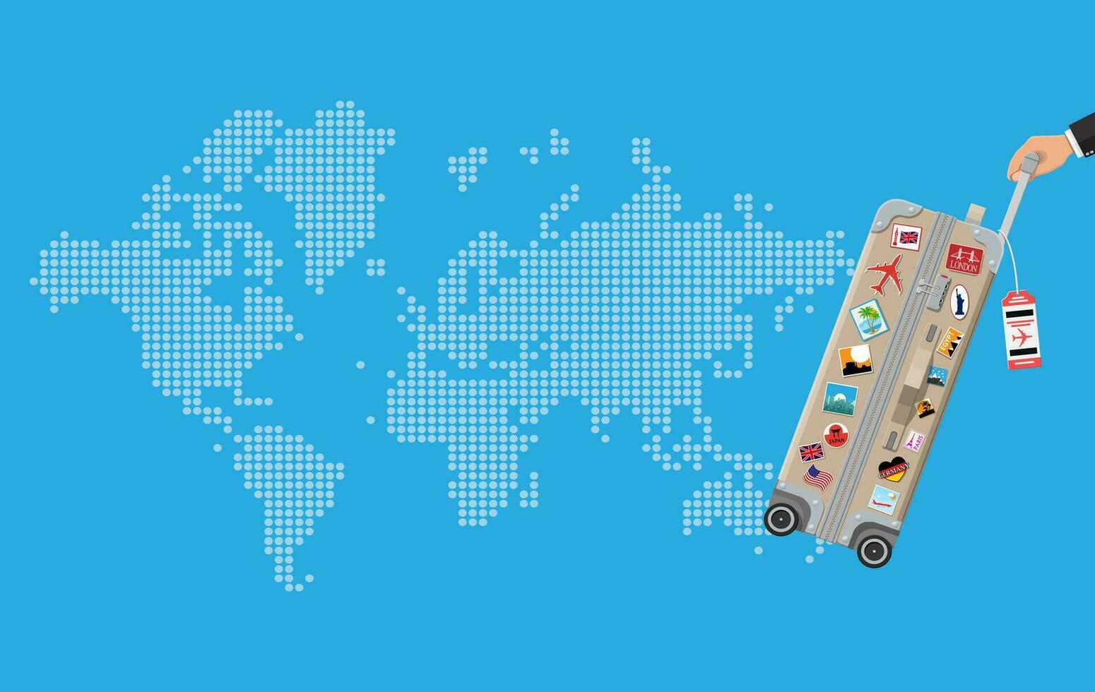 resa väska i hand. plast fall. vagn på hjul. resa bagage och bagage. värld Karta. vektor illustration i platt stil