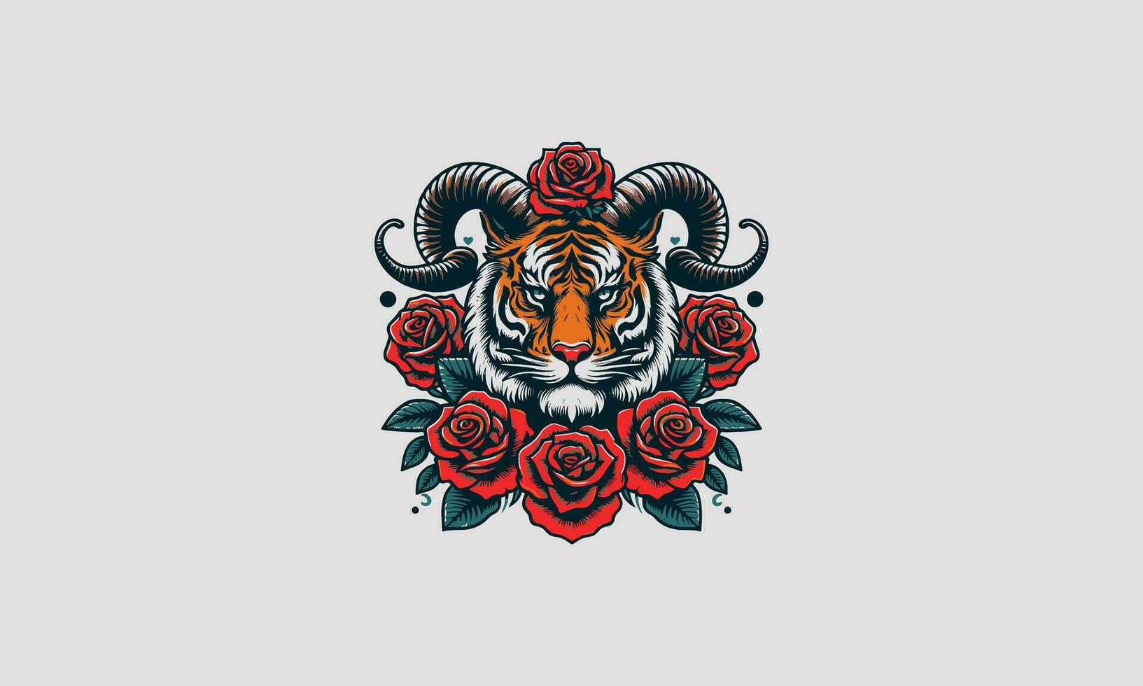 Kopf Tiger mit Horn und Rose Vektor tätowieren Design