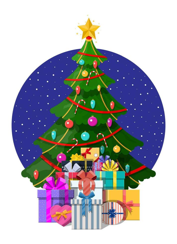 Weihnachten Baum dekoriert mit bunt Bälle, Girlande Beleuchtung, golden Stern. viele von Geschenk Boxen. Fichte, immergrün Baum. Gruß Karte, festlich Poster. Neu Jahr. Vektor Illustration im eben Stil