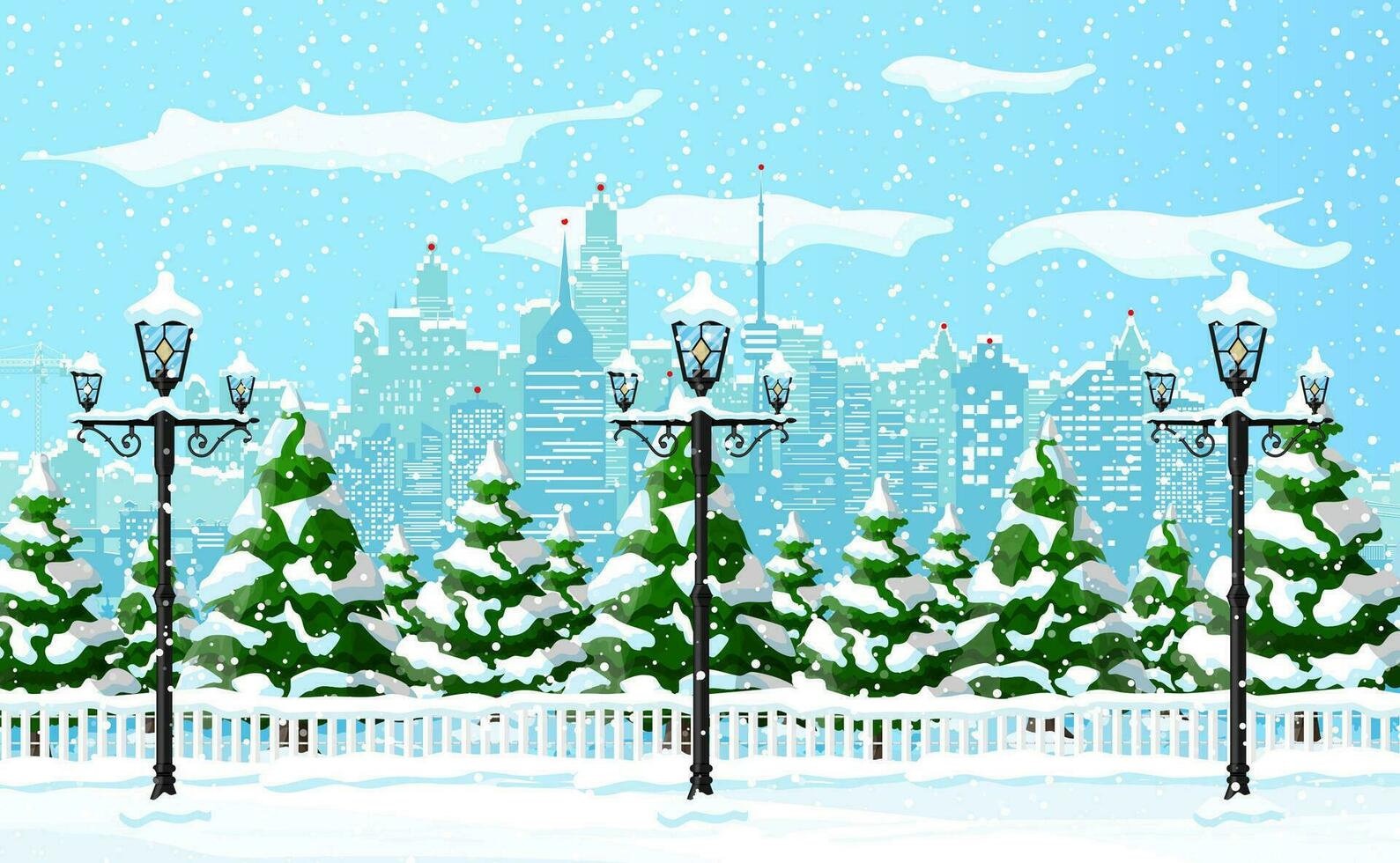 jul vinter- stadsbild, snöflingor och träd. stad parkera snö gränd och byggnader. Lycklig ny år dekoration. glad jul Semester. ny år och xmas firande. vektor illustration platt stil