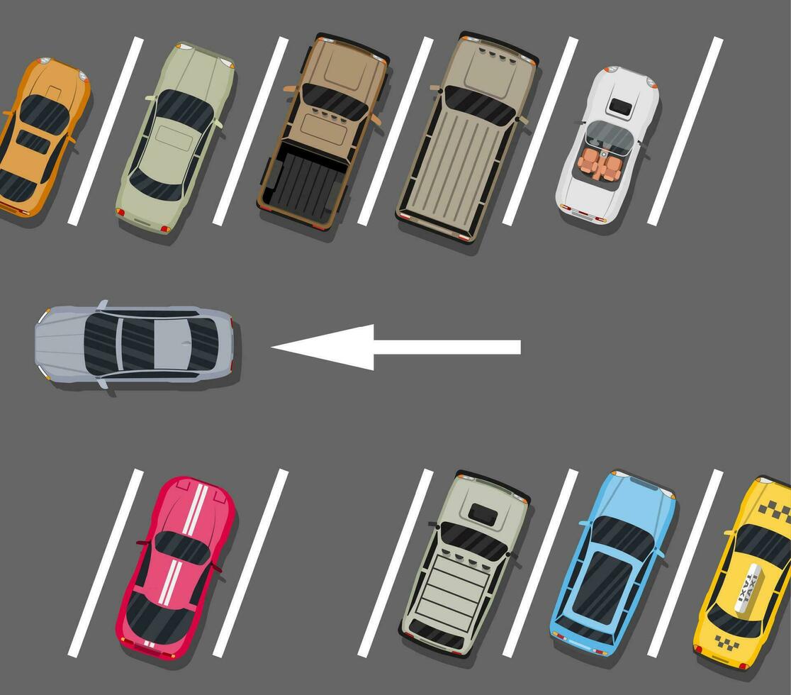 Stadt Parkplatz Menge mit anders Autos. Mangel Parkplatz Räume. Parkplatz Zone oben Aussicht mit verschiedene Fahrzeuge. Limousine, Roadster, Geländewagen, Sport Auto, abholen. Vektor Illustration im eben Stil