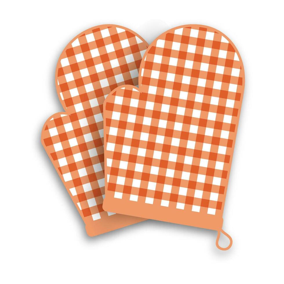 zwei rot Küche Handschuhe mit Schatten und Gingham Muster isoliert auf Weiß Hintergrund. Vektor Illustration