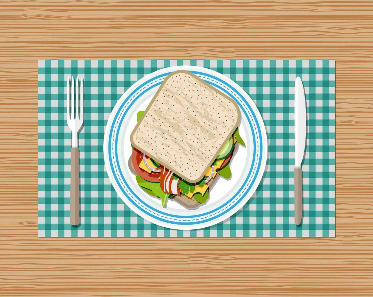 Sandwich auf Teller oben Sicht. Gabel und Messer. Toast brot, Tomate, Schinken, Salat und Käse. Vektor Illustration im eben Stil auf hölzern Hintergrund