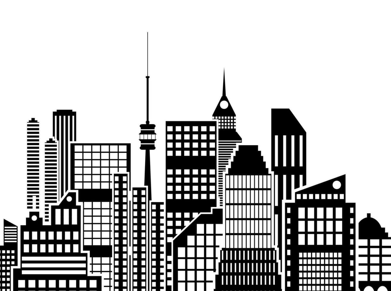 modern stad se. stadsbild med kontor och bosatt byggnader, tv torn, vit och svart Färg. vektor illustration i platt stil