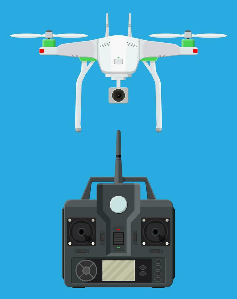 Fernbedienung kontrolliert Antenne Drohne. Quadcopter Drohne mit Kamera zum Fotografie oder Video. zeitgenössisch unbemannt Flugzeug. Fernbedienung Steuerung Panel mit Anzeige und Stöcke. Vektor Illustration im eben Stil