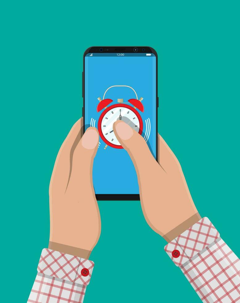 Alarm Uhren im Smartphone. Zeitplan, Termin, Veranstalter, Stundenzettel, Zeit Management, wichtig Datum. Vektor Illustration im eben Stil