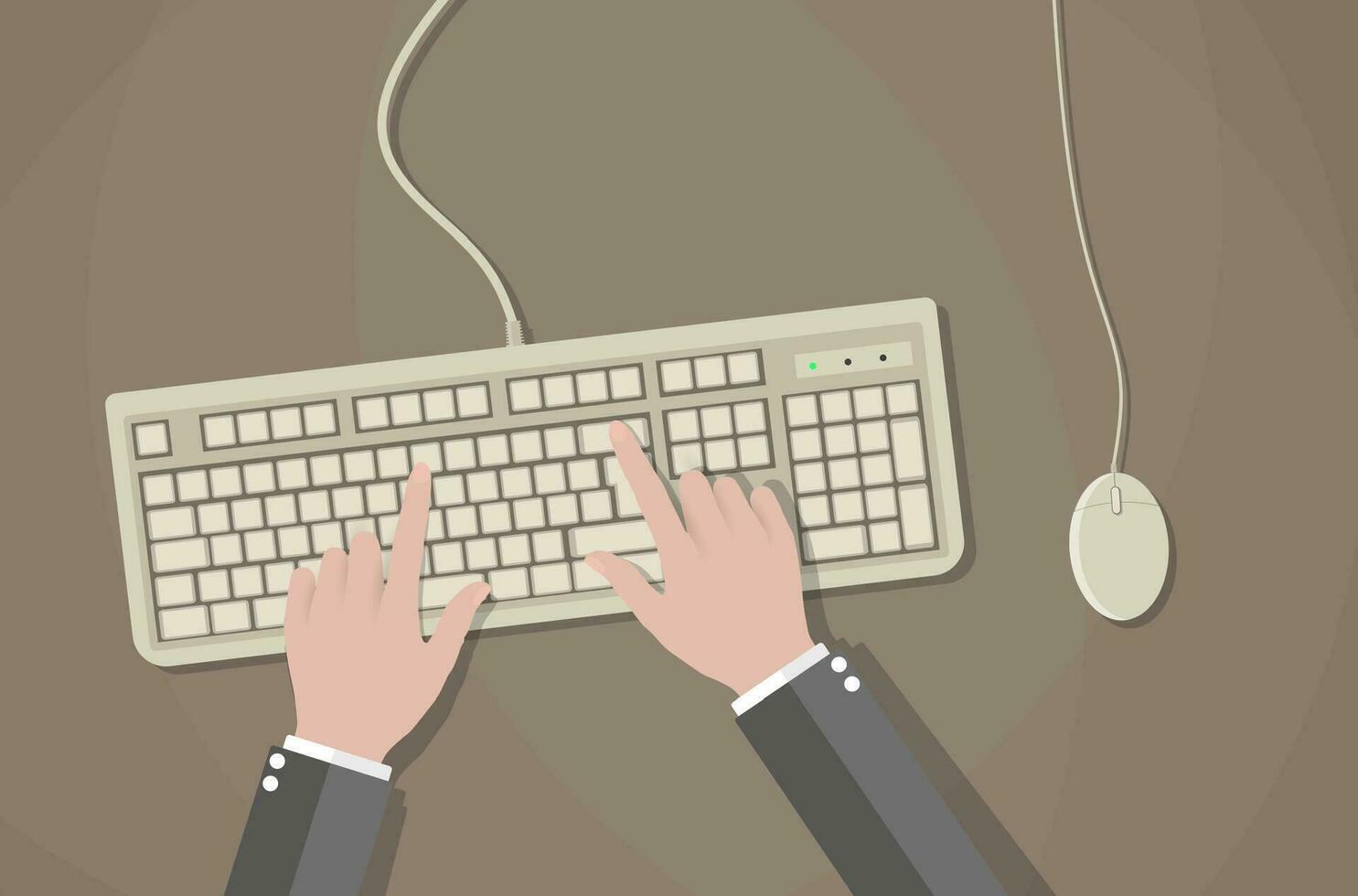 tecknad serie händer på vit tangentbord och mus av dator. skrivbord kontor arbetstagare begrepp. dator, internet, skriver. vektor illustration i platt design på brun bakgrund