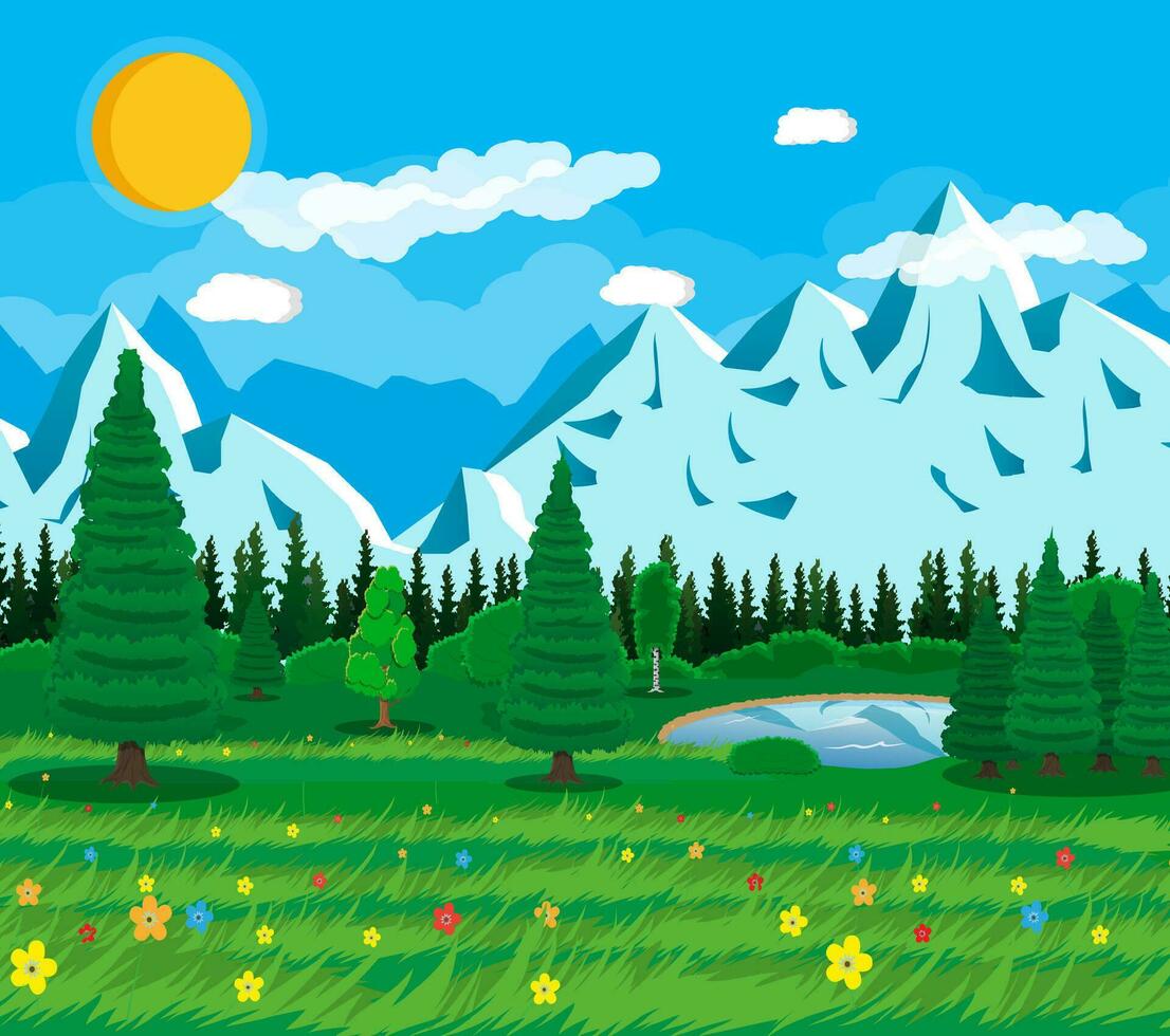 Sommer- Natur Landschaft mit Berge, Wald, Gras, See, Blume, Himmel, Sonne und Wolken. National Park. Vektor Illustration im eben Stil