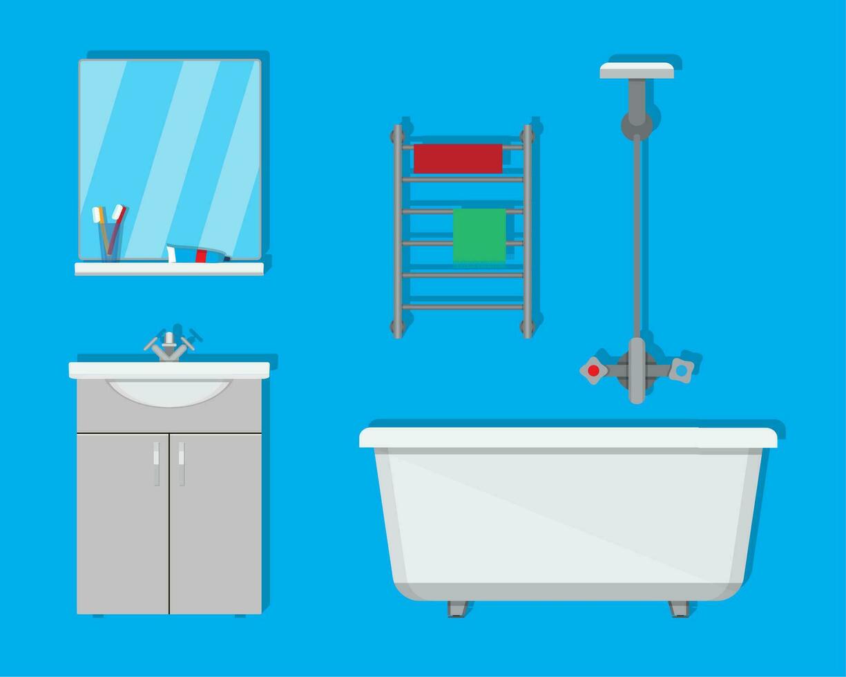 Badezimmer mit Möbel. Waschbecken mit Spiegel, Badewanne, Handtuch Trockner. Vektor Illustration im eben Stil auf Blau Hintergrund