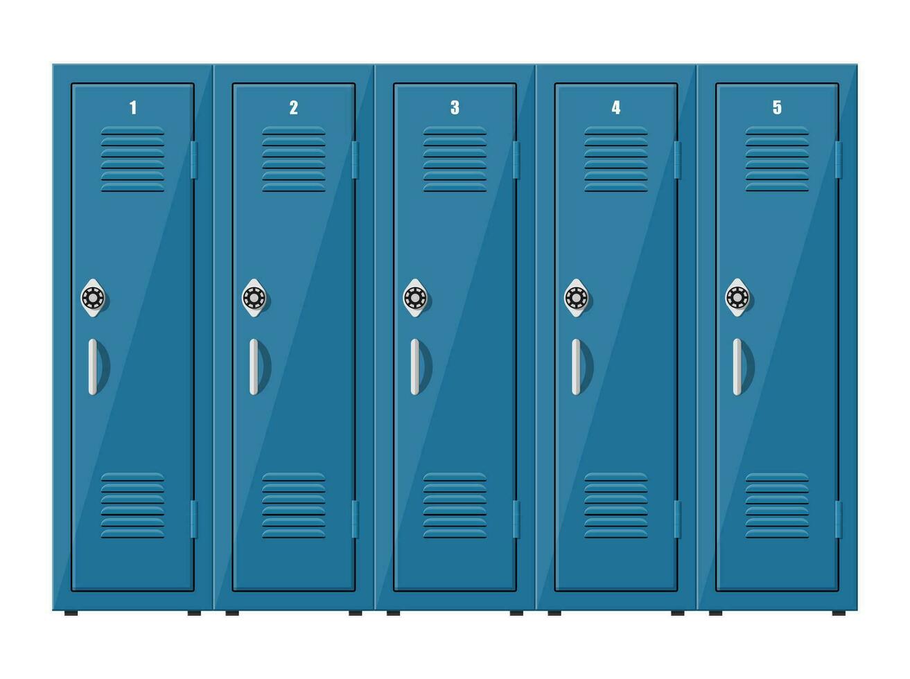 Blau Metall Schränke. Schließfächer im Schule oder Fitnessstudio mit Silber Griffe und Schlösser. sicher Box mit Türen, Schrank, Abteil. Vektor Illustration im eben Stil