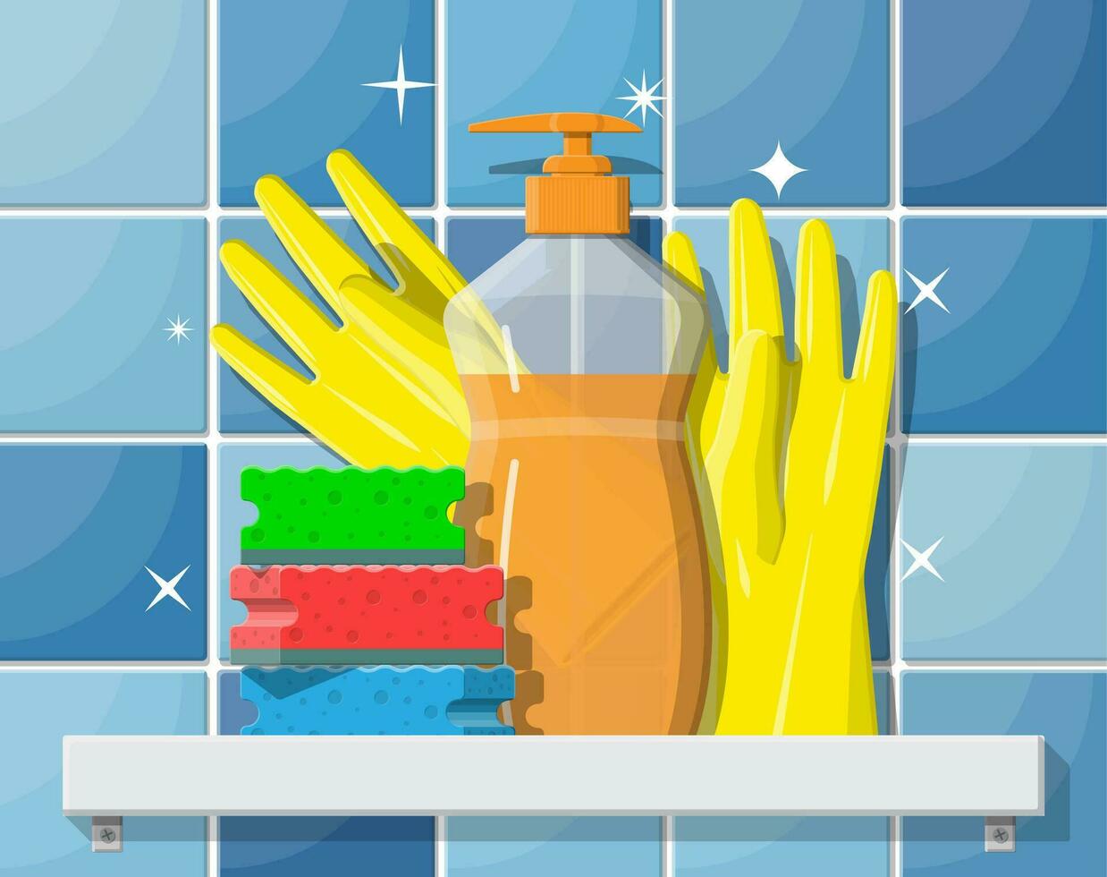 Flasche von Waschmittel, Schwamm und Gummi Handschuhe. Zubehör zum Waschen Geschirr und Haus Reinigung. Geschirrspülen. Vektor Illustration im eben Stil