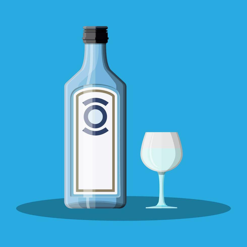 Flasche von Gin mit Schuss Glas. Gin Alkohol trinken. Vektor Illustration im eben Stil