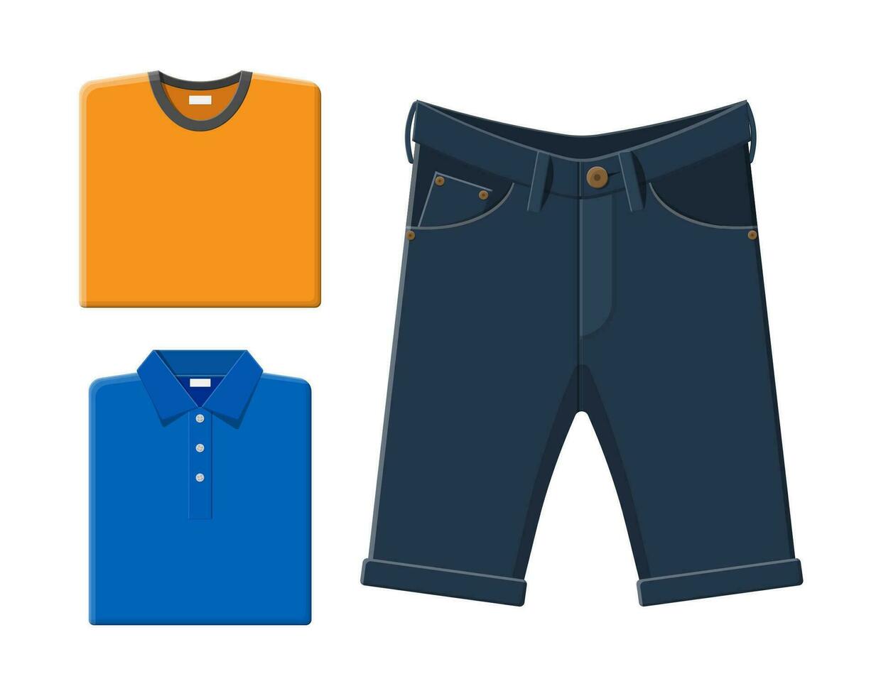 Blau Shirt, Orange T-Shirt, Jeans kurze Hose. Männer Sommer- Kleidung. Vektor Illustration im eben Stil