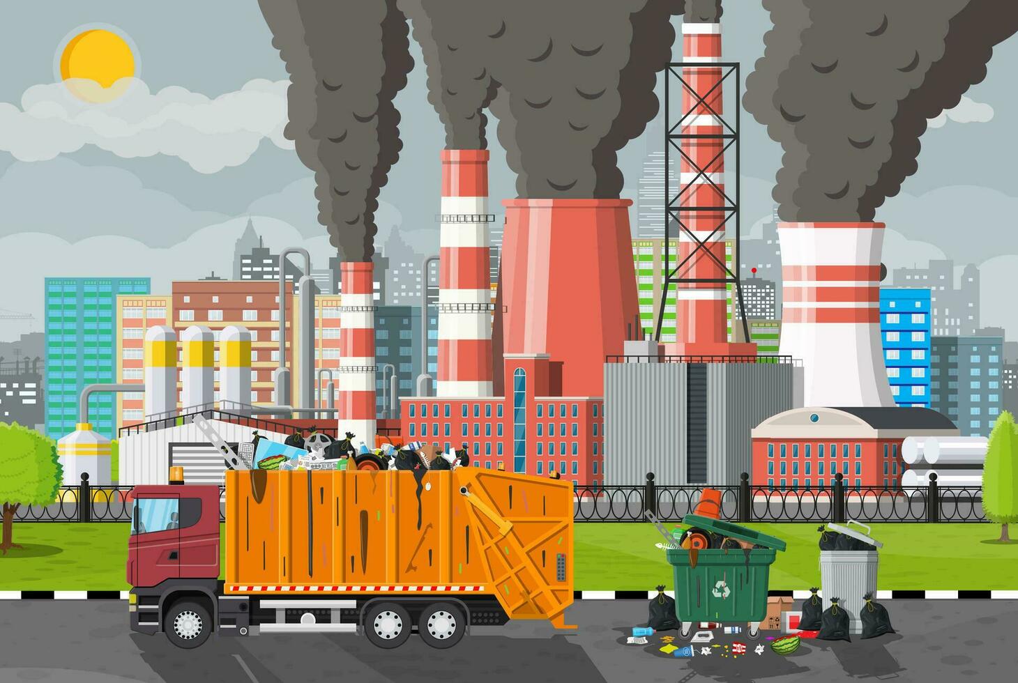 Pflanze Rauchen Rohre. Smog im Stadt. Müll Emission von Fabrik. grau Himmel verschmutzt Bäume Gras. Müll LKW Behälter voll von Müll. Umwelt Verschmutzung Ökologie Natur. Vektor Illustration eben Stil