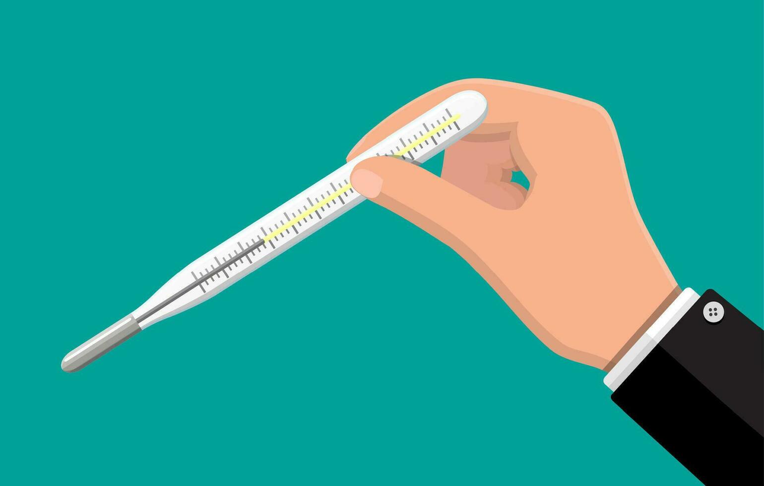 Hand hält Thermometer. Überprüfung Temperatur. Gesundheitswesen Krankenhaus und medizinisch Diagnose. Dringlichkeit und Notfall Dienstleistungen. Vektor Illustration eben Stil