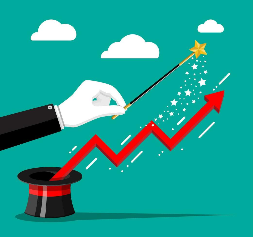 finanziell Graph fliegend aus von magisch Hut und Hand mit Magie Zauberstab. Wachstum, Einkommen, Ersparnisse, Investition. Symbol von Vermögen. Geschäft Erfolg. eben Stil Vektor Illustration.