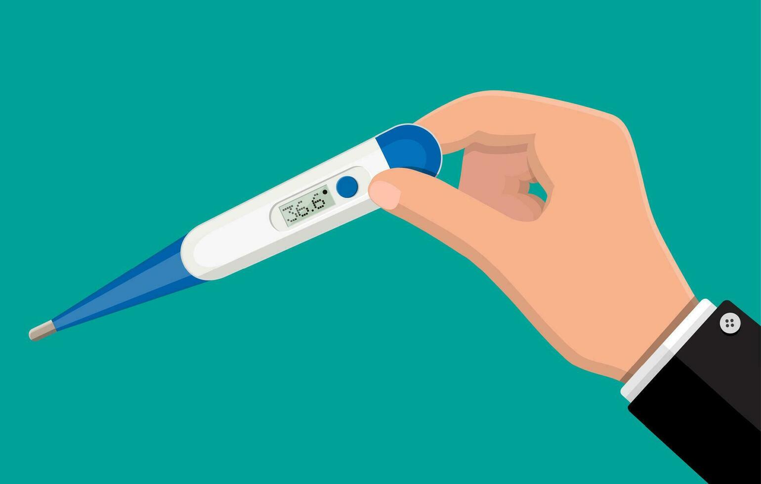 Hand hält elektronisch Thermometer. Überprüfung Temperatur. Gesundheitswesen Krankenhaus und medizinisch Diagnose. Dringlichkeit und Notfall Dienstleistungen. Vektor Illustration eben Stil