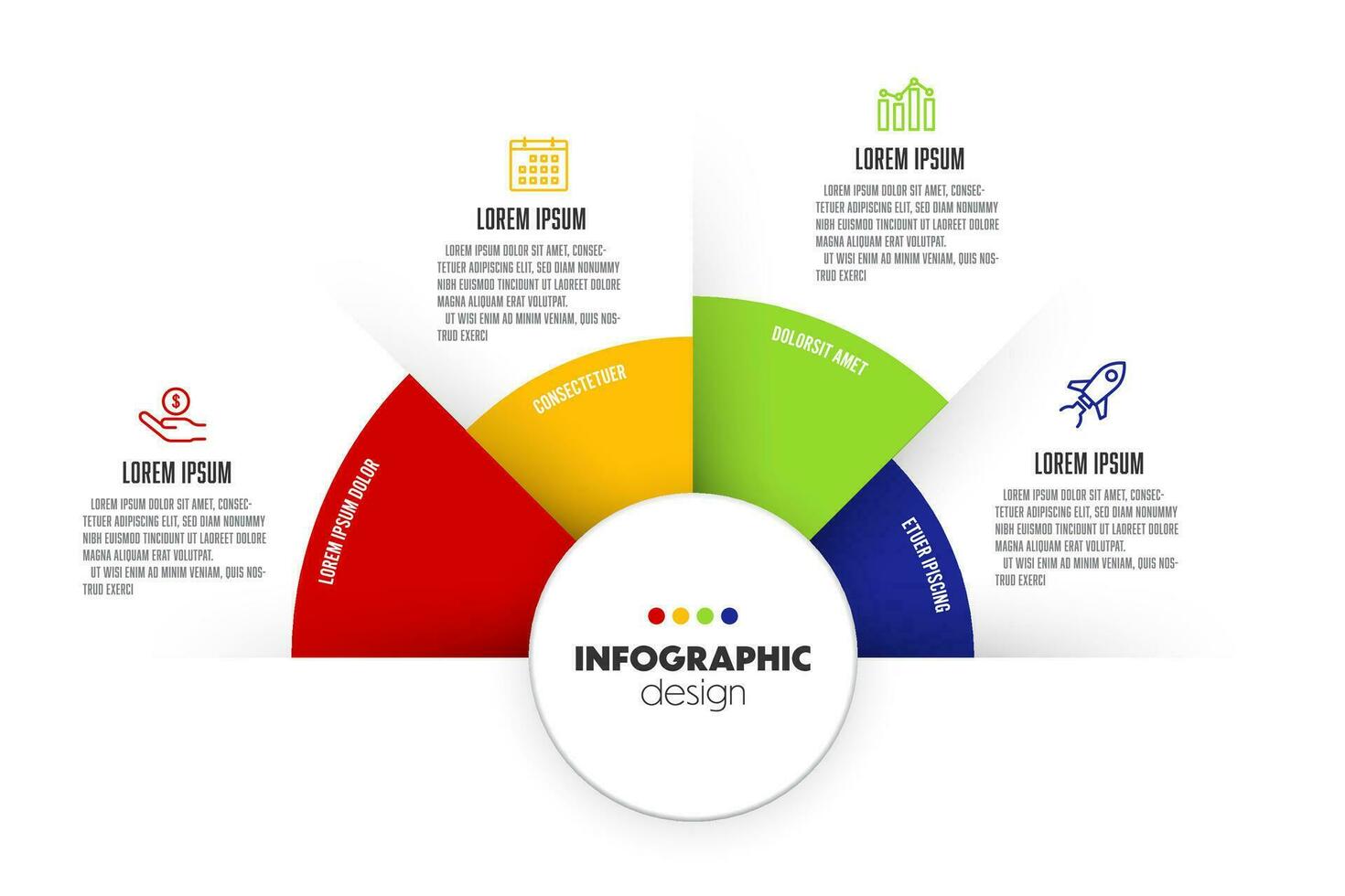 vektor runda paj Diagram dividerat infographic mall färgrik platt stil med 4 alternativ för presentationer