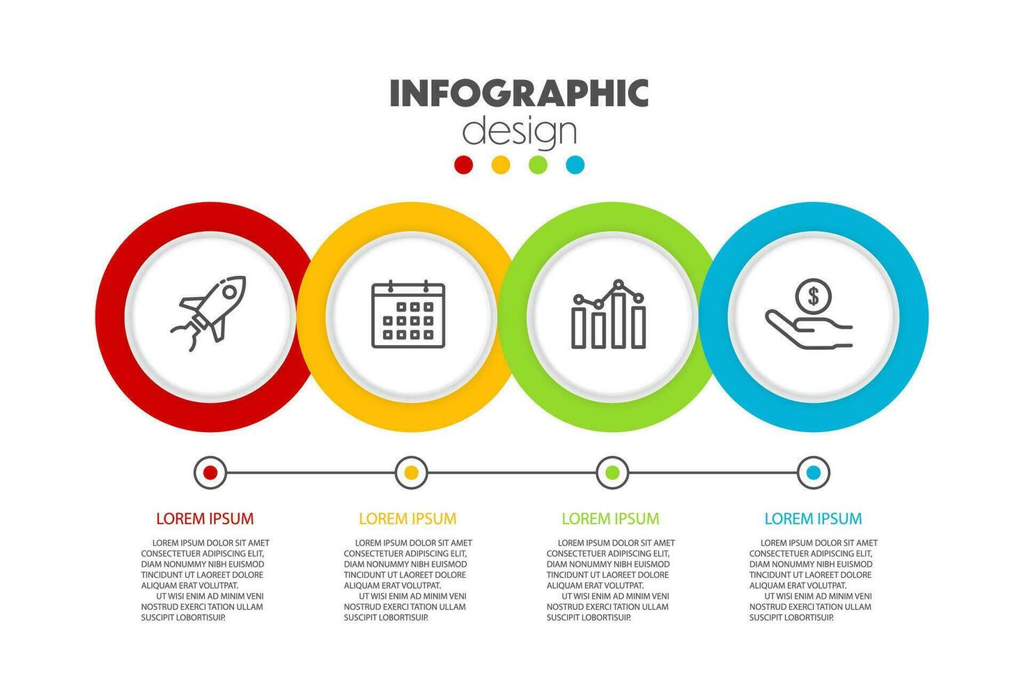 Vektor Geschäft Daten Visualisierung, Prozess Diagramm Graph mit 4 Schritte, Optionen, Teile oder Prozesse, Vektor Geschäft Vorlage zum Präsentation, kreativ Ideen zum Infografiken.