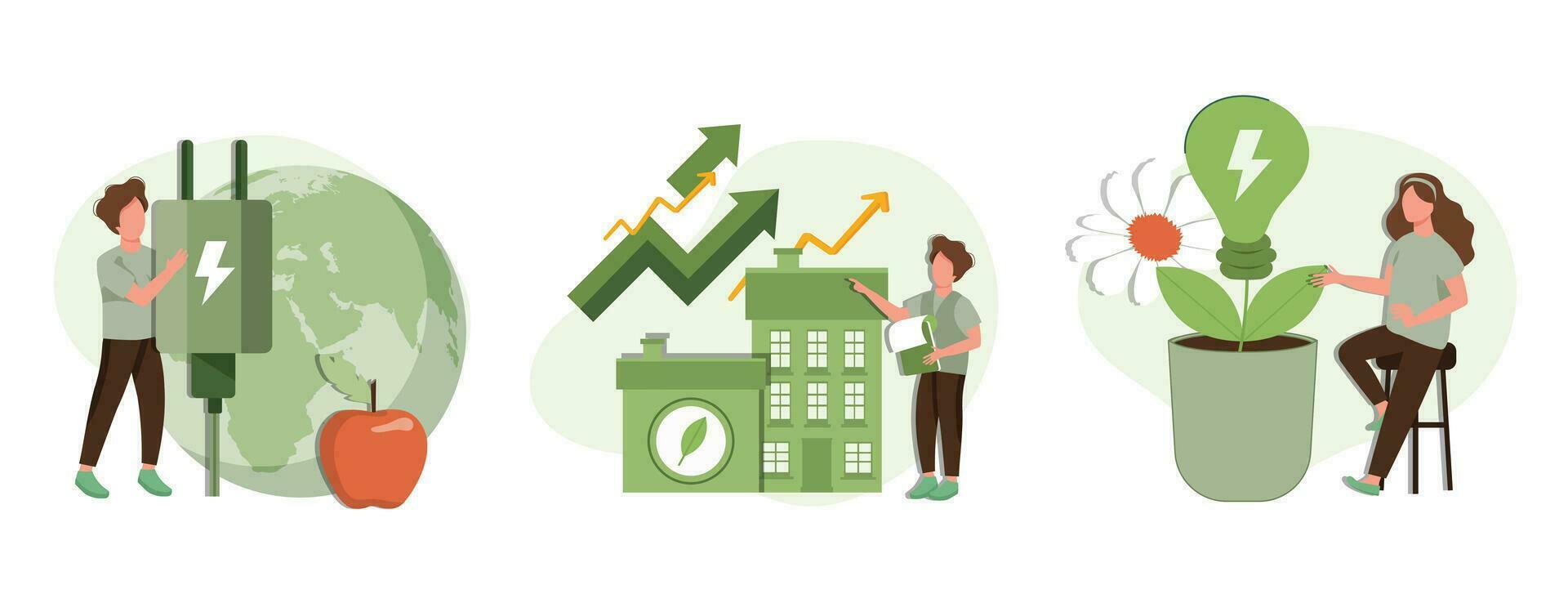 grön ekonomi illustration uppsättning. hållbar ekonomisk med förnybar energi och naturlig Resurser. grön natur energi och elektrisk kraft industri begrepp. vektor illustration.