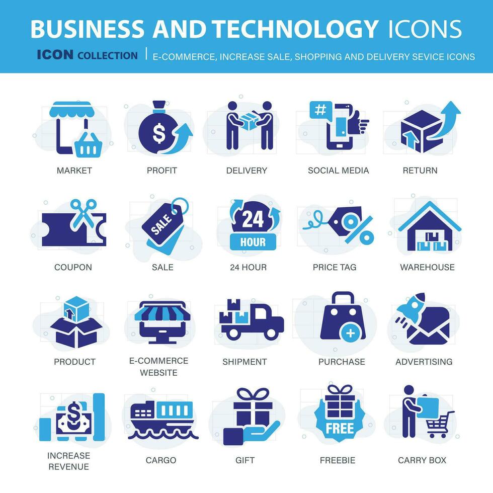 E-Commerce, erhöhen, ansteigen Verkauf, auf Linie Einkaufen und Digital Finanzen Symbol Sammlung. eben Vektor Illustration