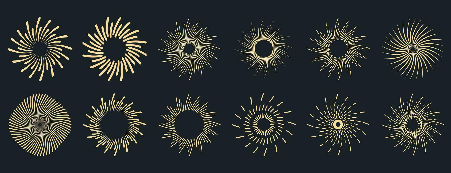 Sunburst Sammlung. radial Sonnenuntergang Balken. Sprengung golden Sonne Strahlen. Feuerwerk. Logo oder Beschriftung Design Element. eben Vektor Illustration.