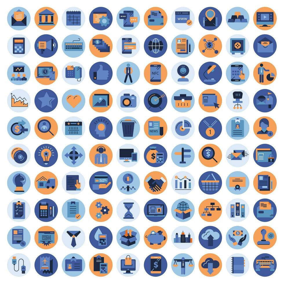 Geschäft und Marketing, Programmierung, Daten Management, Internet Verbindung, Sozial Netzwerk, rechnen, Information. Blau und Orange Symbole Satz. eben Vektor Illustration