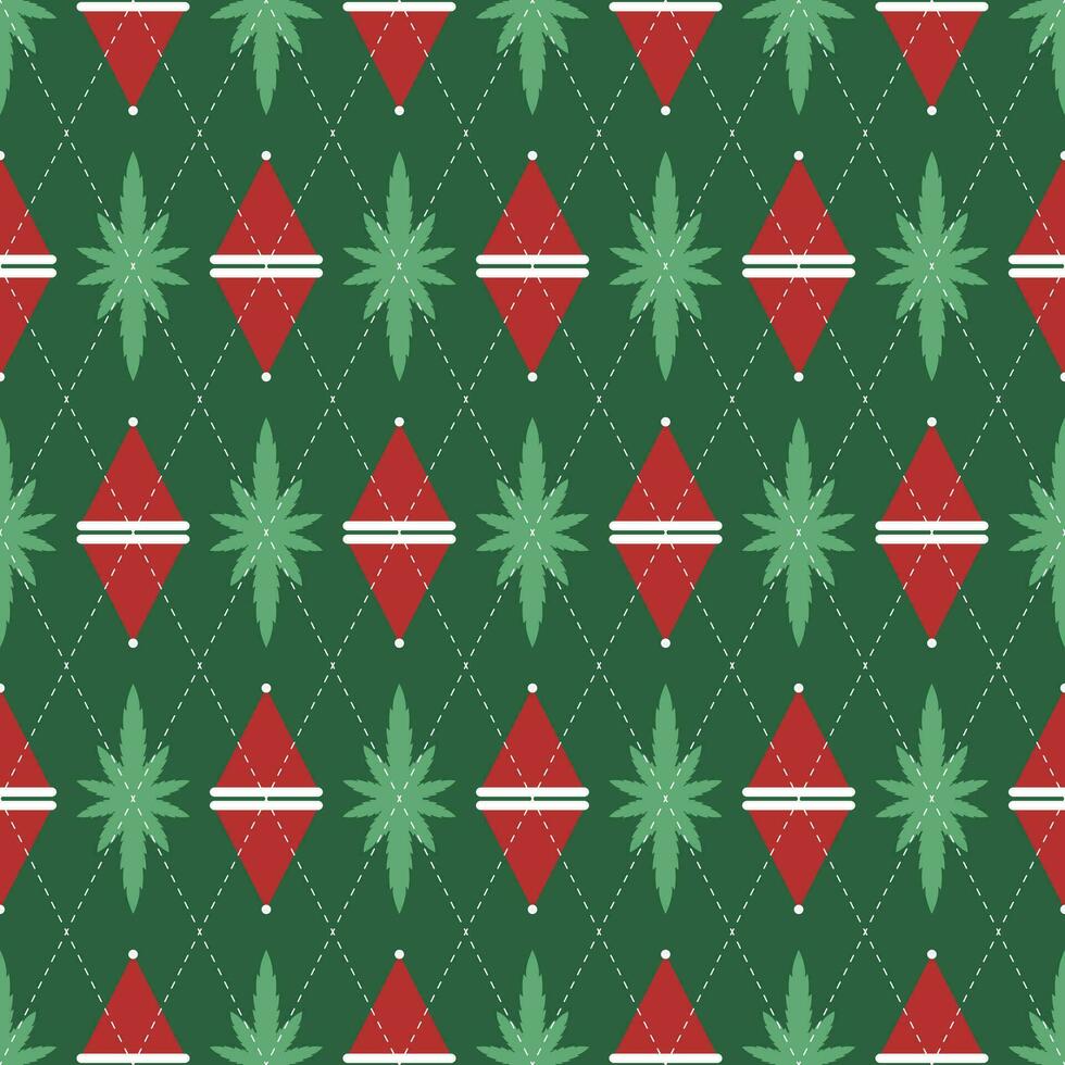 abstrakt Hintergrund nahtlos rot und Grün Diamant Form. Argyle Stil Stoff Muster Weihnachten Hut und Marihuana Blätter. Textur Design zum Textilien, Kleidung, Poster, Wände. Vektor Illustration.