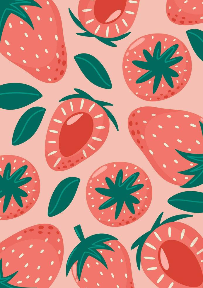 jordgubb bakgrund med hela och skivor bär. sommar vitamin vektor illustration för baner, affisch, flygblad, kort, hemsida. a4 formatera.