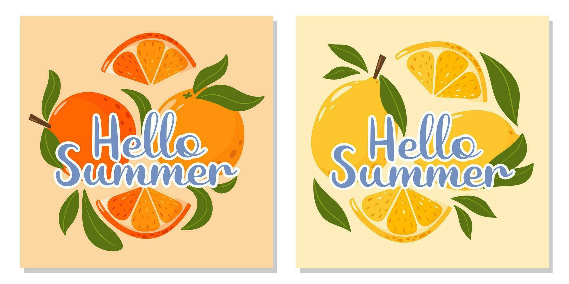 einstellen von Obst Karten mit Text Hallo Sommer. Zitrone und Orange Komposition mit Blätter. Sommer- Vektor Platz Illustration zum Banner, Poster, Flyer, Sozial Medien