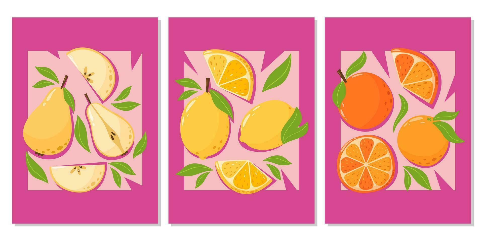uppsättning av ljus abstrakt posters med frukt sammansättning. päron, citron, orange. sommar modern vektor illustration för baner, kort, frukt affär, webb design