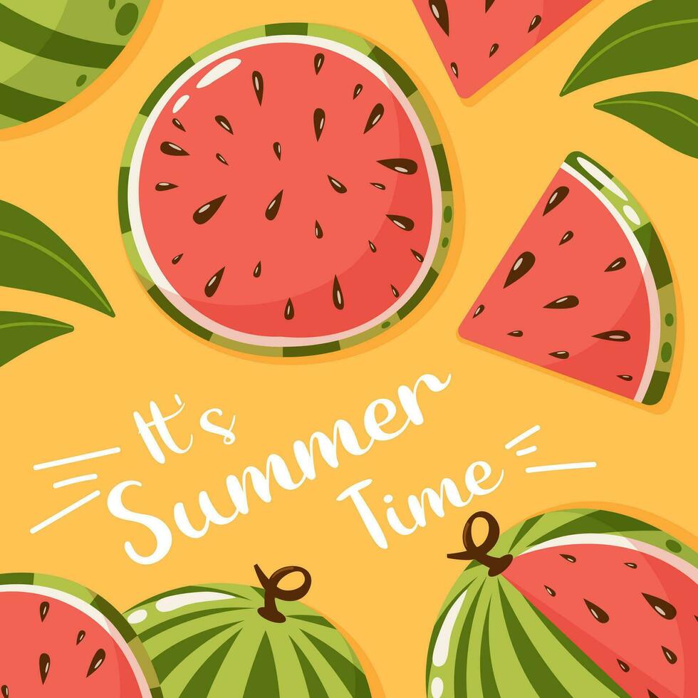 abstrakt Spaß Wassermelone Hintergrund mit Text es ist Sommer- Zeit. Süss saftig Frucht. Sommer- Vitamin Vektor Platz Illustration zum Banner, Poster, Flyer, Banner, Gruß Karte. Karikatur eben Stil.