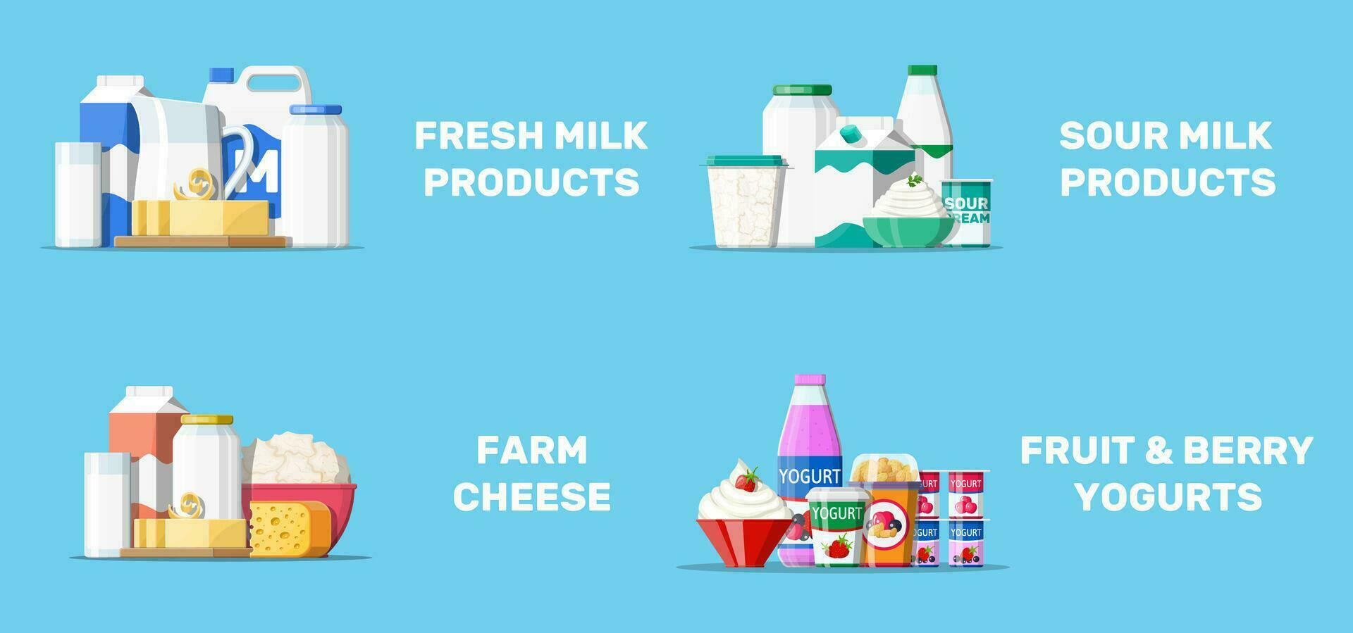 mejeri Produkter uppsättning. samling av mjölk mat. mjölk, ost, yoghurt, Smör, sur grädde, stuga, grädde. tradicional bruka Produkter. vektor illustration i platt stil