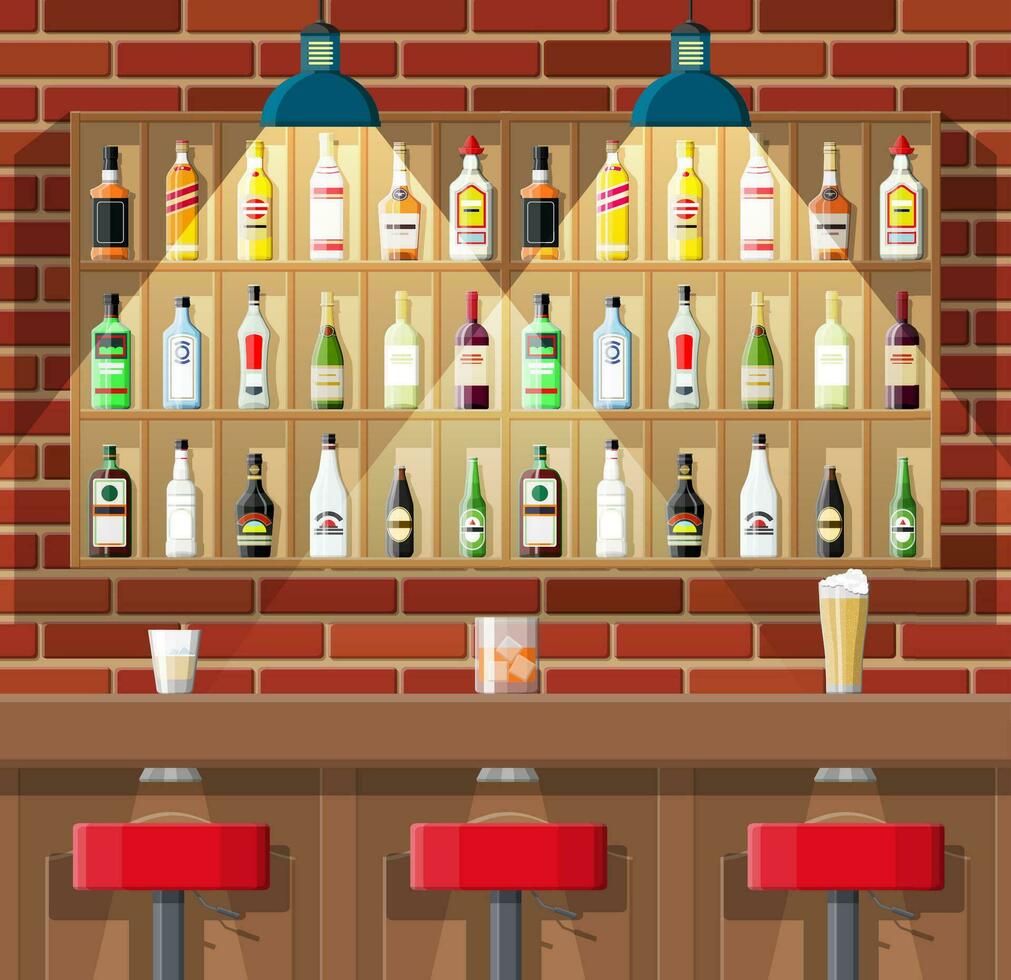 dricka etablering. interiör av pub, Kafé eller bar. bar disken, stolar och hyllor med alkohol flaskor. glasögon, lampa. trä- och tegel dekor. vektor illustration i platt stil