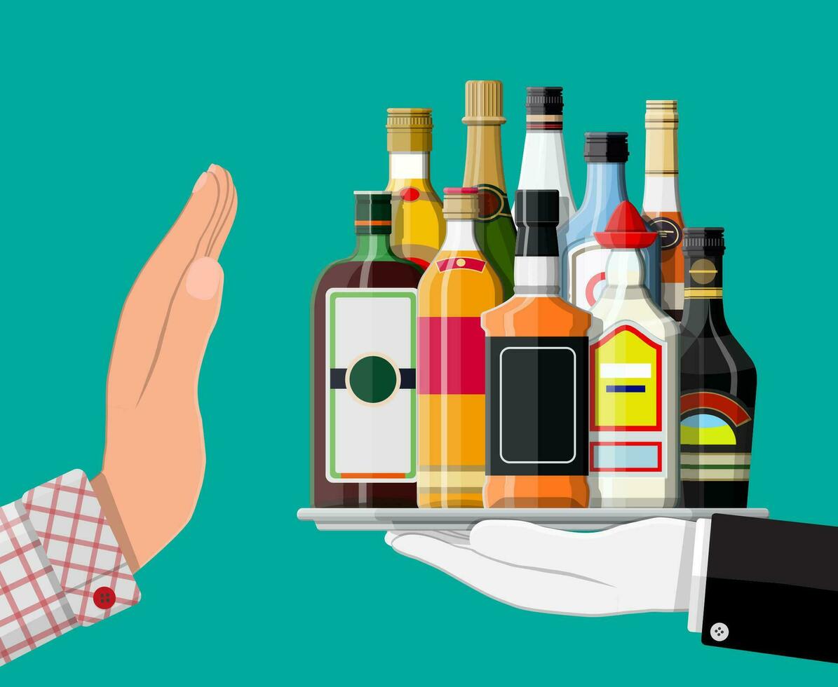 alkohol missbruk begrepp. hand ger flaska av alkohol till Övrig hand. sluta alkoholism. avslag. vektor illustration i platt stil.