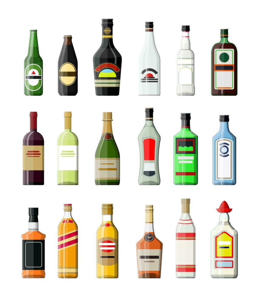 alkohol drycker samling. flaskor med vodka champagne vin whisky öl brandy tequila cognac sprit vermouth gin rom absinthe sambuca cider bourbon. vektor illustration i platt stil.