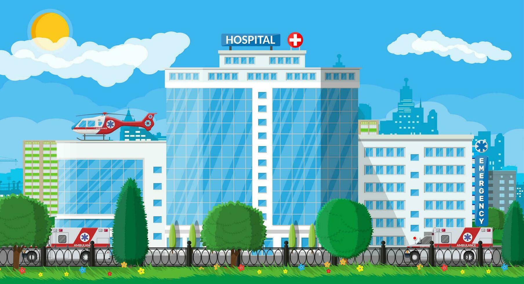 Krankenhaus Gebäude, medizinisch Symbol. Gesundheitspflege, Krankenhaus und medizinisch Diagnose. Dringlichkeit und Notfall Dienstleistungen. Straße, Himmel, Baum. Auto und Hubschrauber. Vektor Illustration im eben Stil