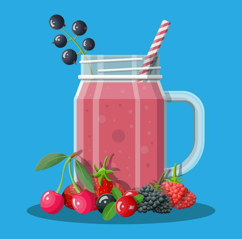 Krug mit gemischt Beeren Smoothie mit gestreift Stroh. trinken frisch Shake Saft Cocktail. Blaubeere, Kirsche, Erdbeere, Johannisbeere Getränke im Glas. Vektor Illustration im eben Stil