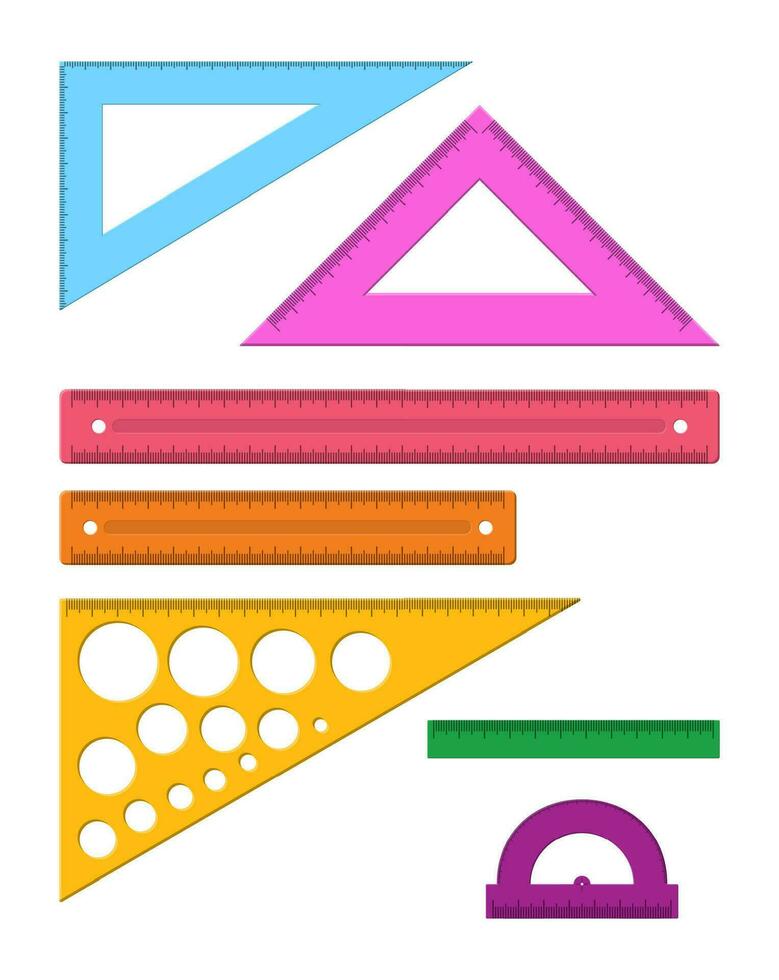 plast mätning linjaler uppsättning. gradskiva, triangel, mätning linjaler av annorlunda storlekar. verktyg för utbildning och arbete. brevpapper och kontor tillförsel. vektor illustration i platt stil