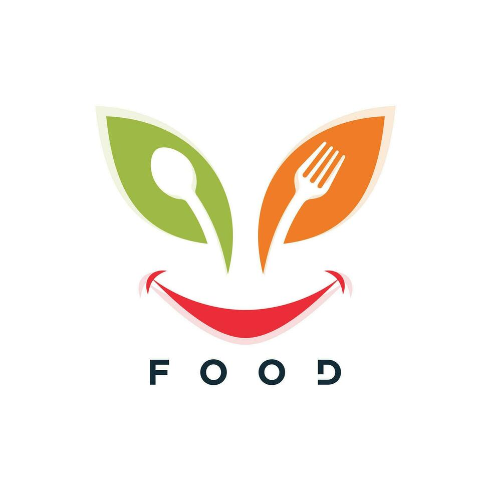 Essen Logo Design mit Blatt kreativ Konzept Prämie Vektor