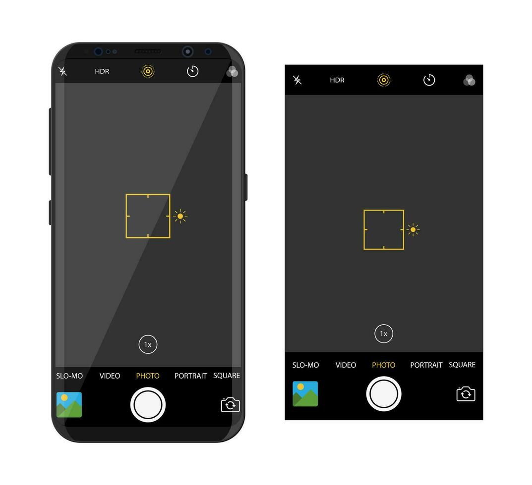 modern smartphone med kamera Ansökan. användare gränssnitt av kamera sökare. fokusera skärm i inspelning tid. Galleri, hdr, kvalitet, bild stabilisering ikon, ui. vektor illustration platt stil