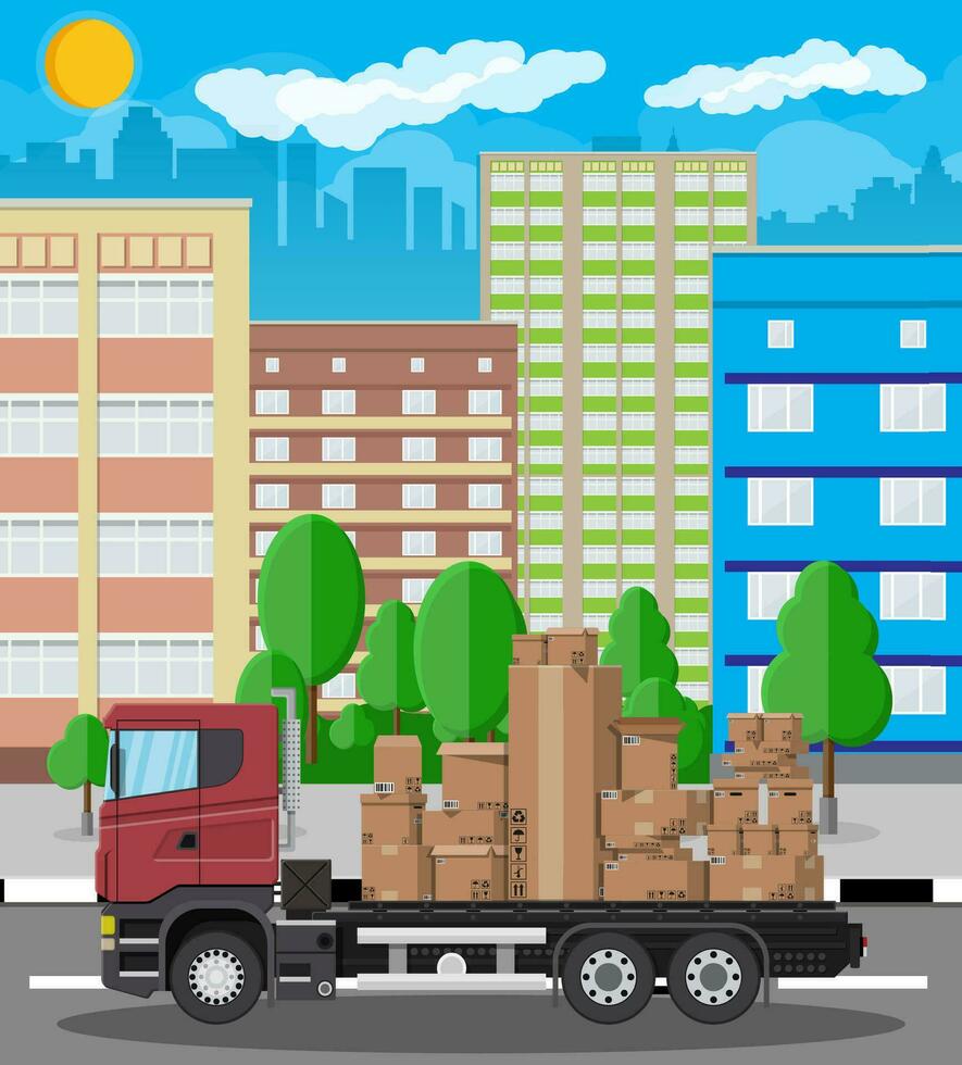 rot Lieferung LKW Transportieren braun Karton Paket. Stapel Karton Boxen. Karton Lieferung Verpackung öffnen und geschlossen Box mit fragil Zeichen. Stadtbild. Vektor Illustration im eben Stil